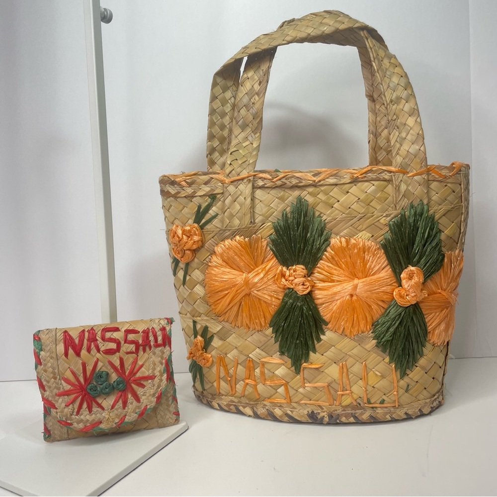 Handmade Woven 1960s  “Nassau” Straw Beach Tote Purse & Wallet Bahamas